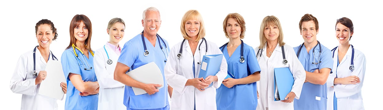 Three doctors standing next to each other holding papers.