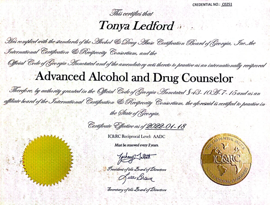 A certificate of completion for an advanced alcohol and drug counselor.