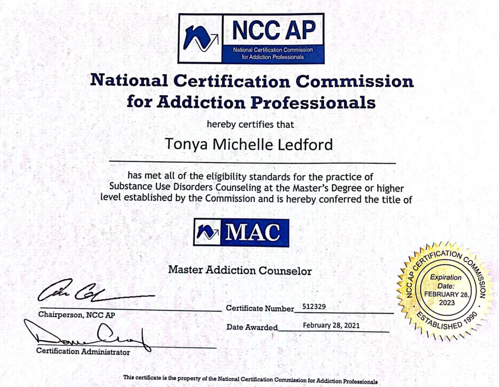 A certificate of completion for the master addiction counselor.