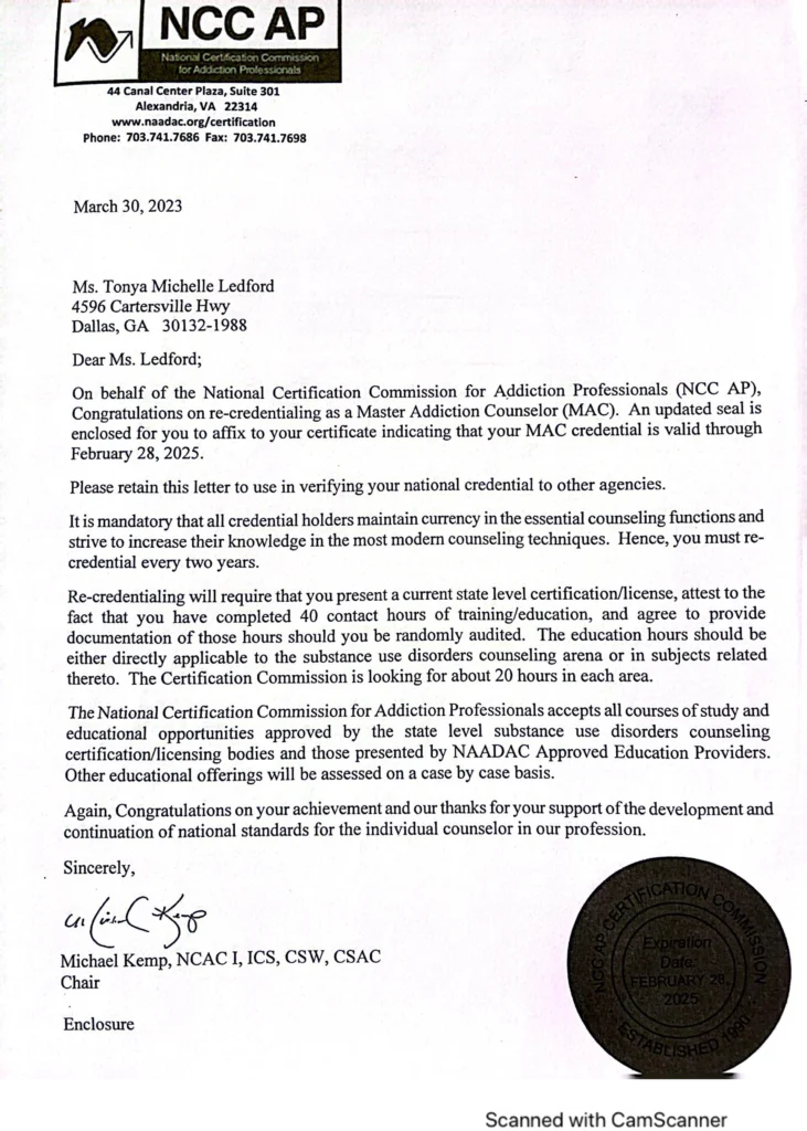 A letter from the national certification commission for addiction treatment professionals.