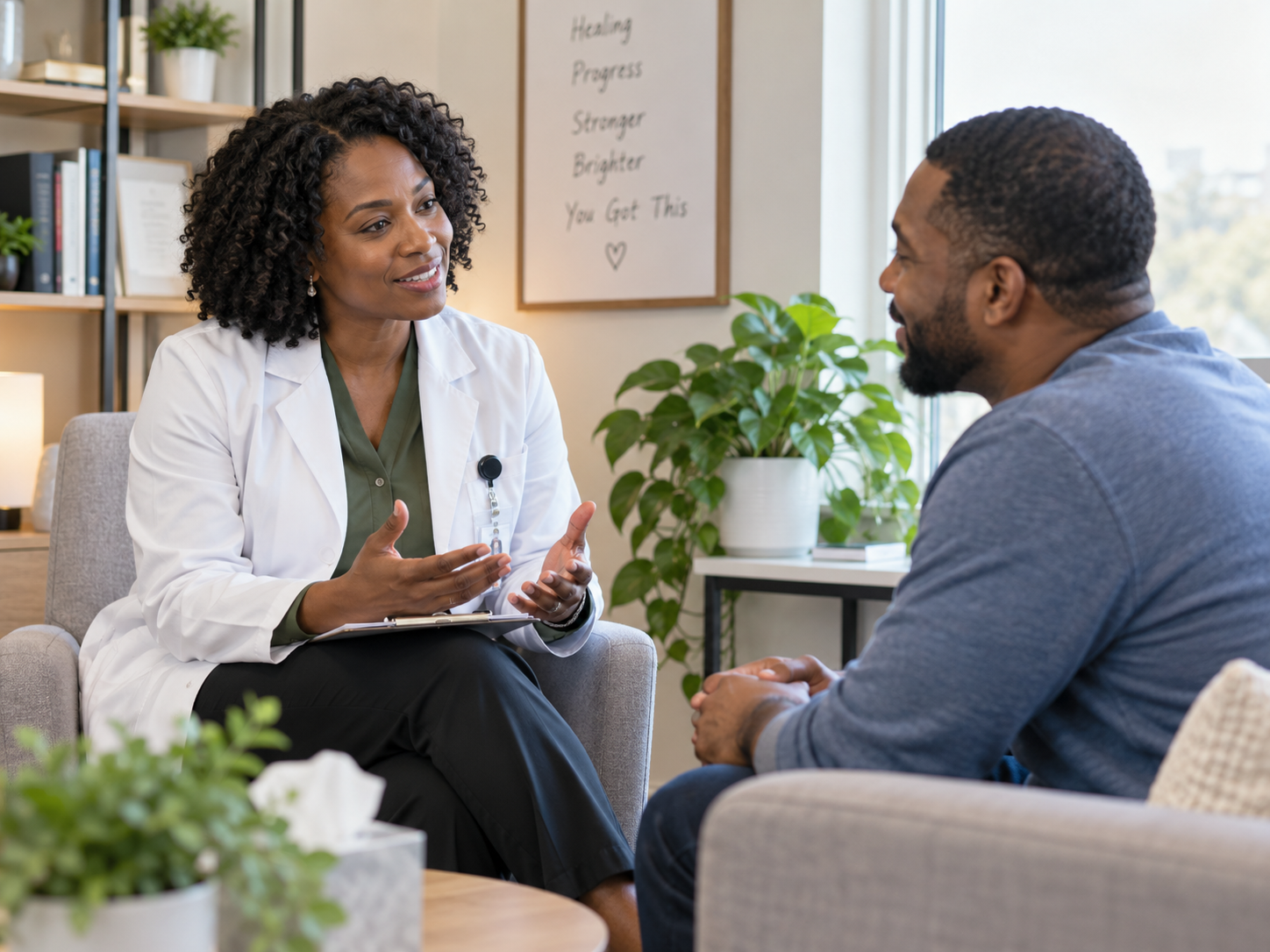 A counselor supporting a client during a substance use counseling session