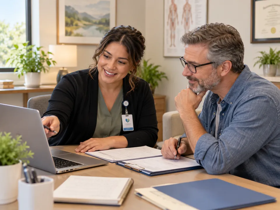 A case manager helping a client with paperwork on a laptop