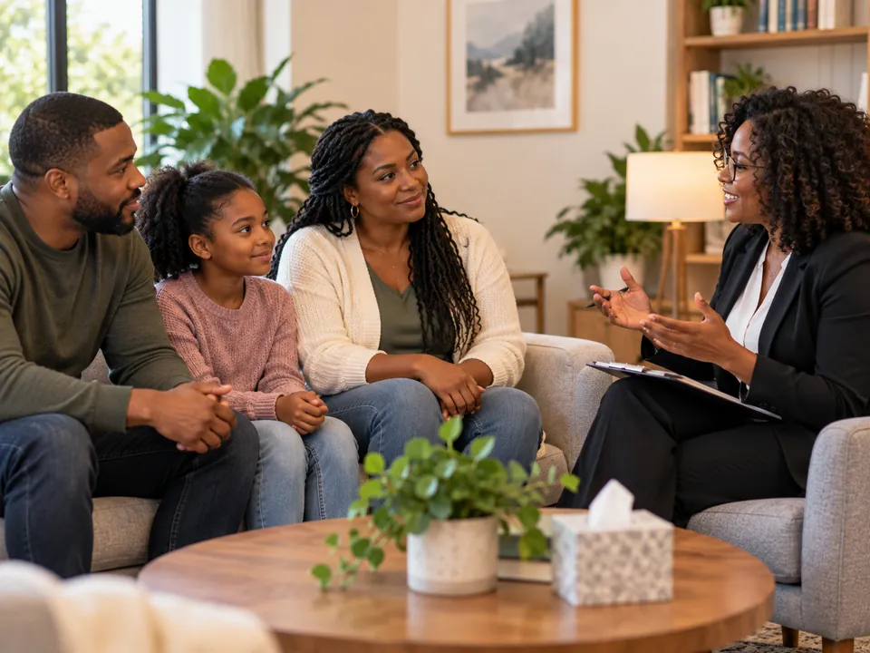 A counselor meeting with a parent, child and family together