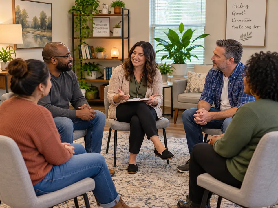 A counselor leading a small group therapy session, seated in a circle